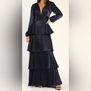 NWT Lulus Tier For Love Navy Blue Satin Long Sleeve Tiered Maxi Dress